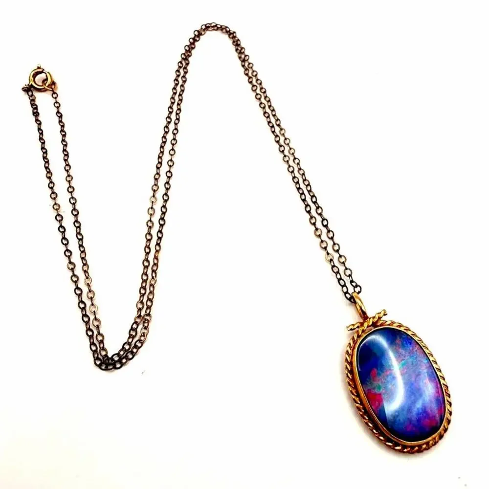 Vtg 9K Gold Australian Opal Doublet Pendant Necklace Twisted Rope 15.8ct - 19" - Picture 2 of 9